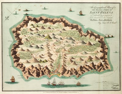 Niniejszy plan geograficzny Wyspy Świętej Heleny jest dedykowany Marszałkowi Polnemu Jego Królewskiej Wysokości Księciu Kentu i Strathearn. autorstwa British School