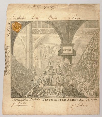 Bilet na ceremonię koronacji Jerzego III w Opactwie Westminsterskim, grawerowany przez George
