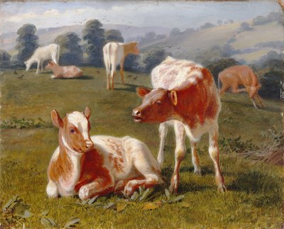 Cielęta na łące (olej na desce młyńskiej) autorstwa Briton Riviere