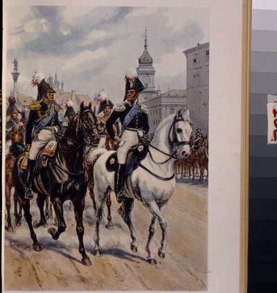 Cesarz Aleksander I Pawłowicz (1777-1825) z wielkim księciem Konstantynem Pawłowiczem Rosji (1779-1831). (Cesarz Aleksander I z Wielkim Księciem Konstantynem Pawłowiczem Rosji). Praca Bronisława Gembarzewskiego (1872-1941), litografia. Polska sztuka piękna autorstwa Bronislaw Gembarzewski