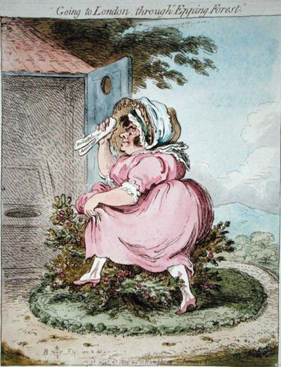 Jadąc do Londynu przez Epping Forest, sztych. James Gillray (1757-1815) wydany przez Hannah Humphrey w 1802 r. (akwaforta ręcznie kolorowana) autorstwa Brownlow (after) North