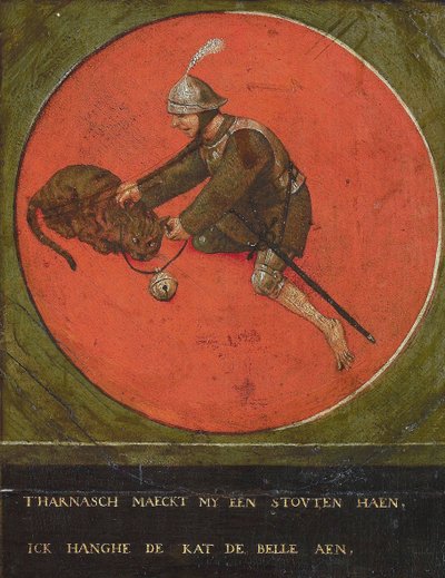 Daj mi zbroję, a będę na tyle odważny, by zadzwonić do kota, 1558. autorstwa Bruegel
