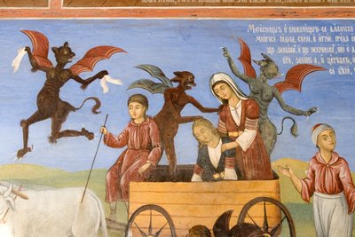 Bułgaria, klasztor Riła, fresk w kościele Narodzenia Najświętszej Marii Panny autorstwa Bulgarian School