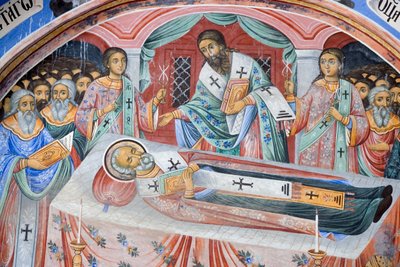 Bułgaria, klasztor Riła, fresk pogrzebowy w kościele Narodzenia Najświętszej Marii Panny autorstwa Bulgarian School