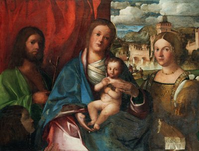 Matka Boska z Dzieciątkiem ze św. Janem Chrzcicielem, Katarzyną Aleksandryjską i Donatorką, pocz. autorstwa Buonconsiglio