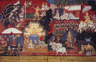 Lub 14297 fol.8-9 Przyszły Budda dorasta, ok. 1800-20 (gwasz na papierze) autorstwa Burmese School