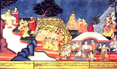 Lub 14298 fol.16-17 Kąpie się Budda, ok. 1800-20 (gwasz na papierze) autorstwa Burmese School