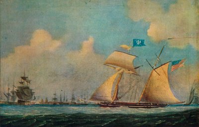 „Amerykański szkuner korsarski i inne statki w pobliżu portu”, ok. 1815 r. autorstwa Burton