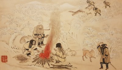 Polowanie na jelenie sika. Z cyklu Ajnu, druga połowa XIX wieku.. autorstwa Byozan Hirasawa
