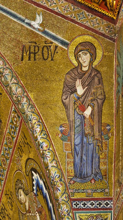 Apsyda: Dziewica Zwiastowania, bizantyjska mozaika ze złotym tłem w tympanonie apsydy (mozaika) autorstwa Byzantine