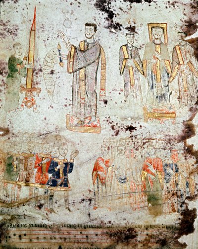 Sztuka bizantyjska: „” Ceremonia poświęcenia świecy wielkanocnej w obecności wigilii, duchownych i panów (patrycjusz) miasta Gaete (Gaeta) we Włoszech”” Miniatura z „Exultet” z początek XI wieku Museo autorstwa Byzantine