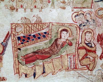 Sztuka bizantyjska: „Narodzenie i Zwiastowanie Pasterzom” Miniatura zaczerpnięta z „Exultet” z początku XI wieku Museo Diocesano, Gaeta autorstwa Byzantine