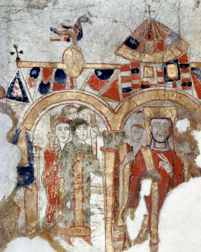 Sztuka bizantyjska: „Diakon i fidele podczas procesji do kościoła” „Miniatura zaczerpnięta z „Exultet” z początku XI w. Museo Diocesano, Gaeta autorstwa Byzantine