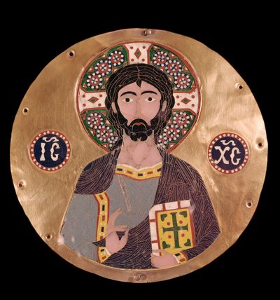 Sztuka bizantyjska: „”christ pantocrator”” (Chrystus w chwale) Aureola Jezusa Chrystusa jest oznaczona krzyżem i można go odczytać na chrystogramie ICXC - Emalia X wieku Madryt, Museo Lazaro Galdiano - Sztuka bizantyjska: Chrystus Pantokrator (Chrystus w c autorstwa Byzantine