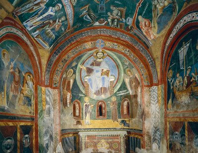 Kaplica św. Eldrada i św. Mikołaja z romańskimi freskami w stylu bizantyjskim, koniec XI w., Opactwo Novalesa, Piemont, Włochy autorstwa Byzantine
