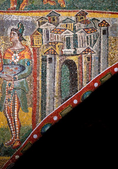 Sztuka chrześcijańska: „Adoracja Trzech Króli””. Szczegóły krajobrazu. Mozaika z V wieku. Łuk Triumfalny, bazylika Santa Maria Maggiore (Najświętsza Maryja Większa), Rzym. autorstwa Byzantine