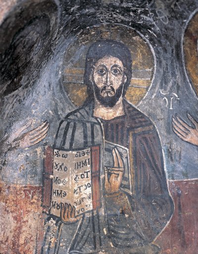 Zbliżenie fresku Pantokratora, Chrystusa Pantokratora, Zoupena, Sparta, Peloponez, Grecja autorstwa Byzantine