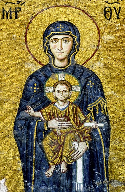 Mozaika Komnena przedstawiająca Madonnę z Dzieciątkiem, Hagia Sophia, Turcja. (Mozaika) autorstwa Byzantine