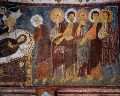 Zaśnięcie Matki Boskiej wśród Apostołów, Detal, fresk bizantyjski (XIII w.), Gulsehir Karsi Kilise (Kościół Św. Jana), Göreme (Lista Światowego Dziedzictwa UNESCO) autorstwa Byzantine