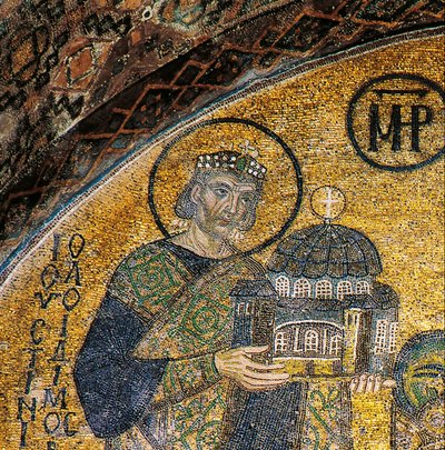 Cesarz Justynian przedstawiający Hagię Sofię Dziewicy z Dzieciątkiem (mozaika) autorstwa Byzantine