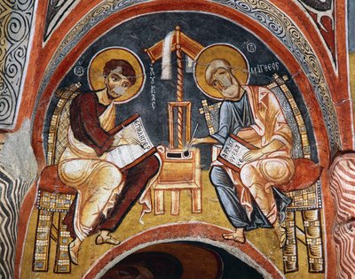 Ewangeliści Marek i Jan piszący Ewangelie, Karanlik Kilise (Ciemny Kościół) (XII-XIII w.), Göreme (Lista Światowego Dziedzictwa UNESCO) autorstwa Byzantine