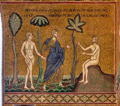 Bóg przedstawia Adamowi Ewę, mozaika bizantyjska, XII-XIII sek., na kontrze (mozaika) autorstwa Byzantine