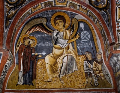 Święte kobiety przy grobie i pojawienie się Anioła, bizantyjski fresk (XII w.), Karanlik Kilise (Ciemny Kościół) (XII-XIII w.), Goreme (Lista Światowego Dziedzictwa UNESCO) autorstwa Byzantine