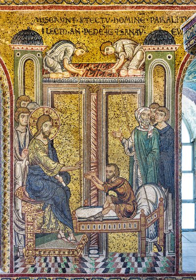 Jezus uzdrawiający paralityka, mozaika bizantyjska, Epizody z życia Chrystusa, XII-XIII w. (mozaika) autorstwa Byzantine