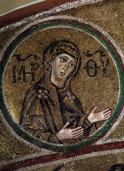 Dziewica Oranta (prawosławny obraz Matki Boskiej modlącej się z wyciągniętymi ramionami) (Dziewica Orana). Mozaika mistrza bizantyjskiego, ok. 1037-1050, sztuka staroruska. Sklepienie chóru katedry św Zofii w Kijowie (Ukraina). autorstwa Byzantine