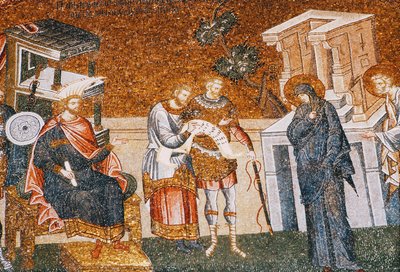 Maria i Józef przed zapisaniem się Cyremiusza do podatków, ze strażnikiem, skrybą i oficerem, ok. godz. XIV wiek (mozaika) (detal z 119636) autorstwa Byzantine