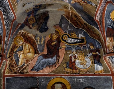 Narodzenia, fresk bizantyjski (XII w.), Karanlik Kilise (Ciemny Kościół) (XII-XIII w.), Göreme (Lista Światowego Dziedzictwa UNESCO) autorstwa Byzantine