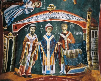 Święty Mikołaj Konsekrowany biskup Myry, Fragment Opowieści św. Mikołaja, fresk romański, styl bizantyjski, koniec XI w., Kaplica św. Eldrada i św. autorstwa Byzantine