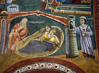 Święty Mikołaj ratuje bogatego kupca popadłego w biedę i płaci posag córkom, Fragment z Opowieści św. Mikołaja, fresk romański, styl bizantyjski, koniec XI w., Kaplica św. Eldrada i św. Mikołaja, Opactwo Novalesa, Piemont, Włochy autorstwa Byzantine