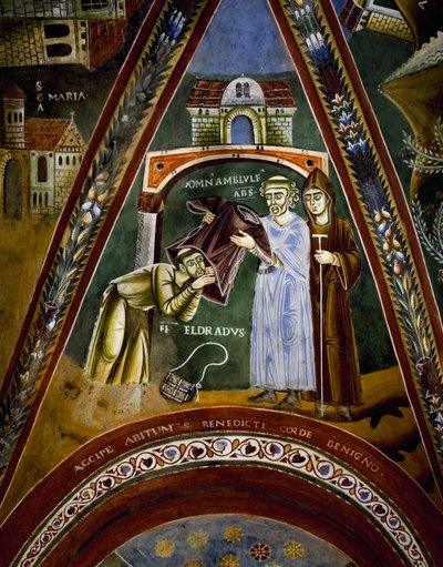 Św. Mikołaj, historie życia św. Eldrada i św. Mikołaja, św. Eldrado zwrócony ku św. Jakubowi z Composteli: otrzymanie habitu monastycznego od opata Novalesa, szczegół autorstwa Byzantine