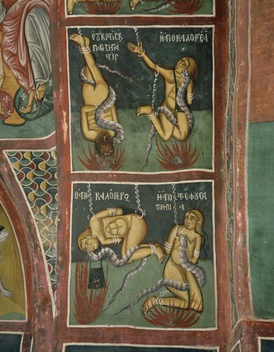 Potępieni: Lichwiarz i grzeszna zakonnica (powyżej), upadły ksiądz i zła matka (poniżej) (fresk) autorstwa Byzantine