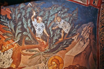 Wejście Chrystusa do Jerozolimy. Szczegół: Dzieci ścinające gałęzie palmy - Peinture de Damiane (aktywny XIV wiek) - XIV wiek - Fresk - Klasztor św. Jerzego, Ubisi ©FineArtImages/Leemage autorstwa Byzantine