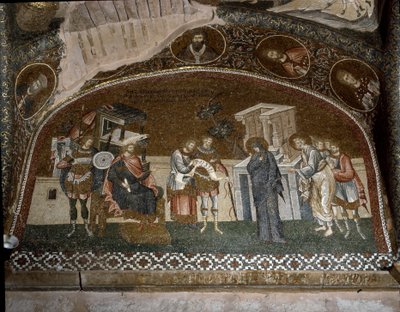 Spis ludności, Maria i Józef przed Herodem Wielkim (mozaika z lat 1310-1320) autorstwa Byzantine