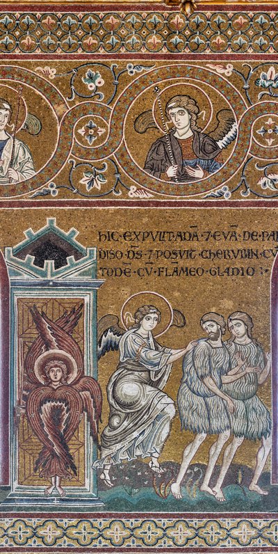 Wypędzenie z Raju Ziemskiego, mozaika bizantyjska, Cykl Starego Testamentu – Raj Ziemski, XII-XIII w. (mozaika) autorstwa Byzantine