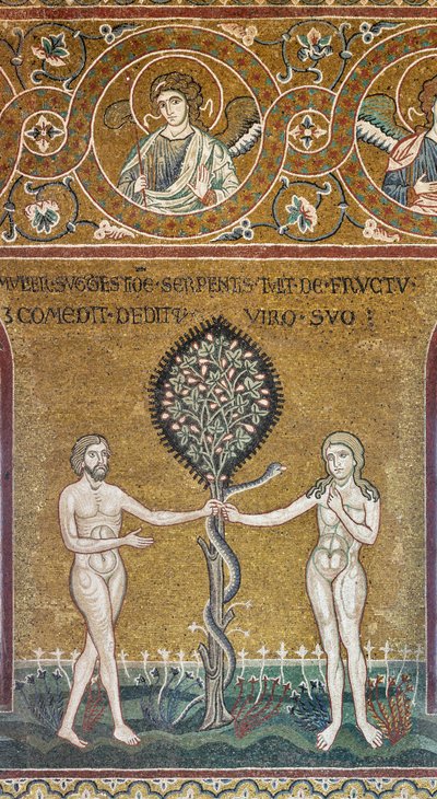 Grzech pierworodny, mozaika bizantyjska, cykl Starego Testamentu – Raj Ziemski, XII-XIII sek. (mozaika) autorstwa Byzantine