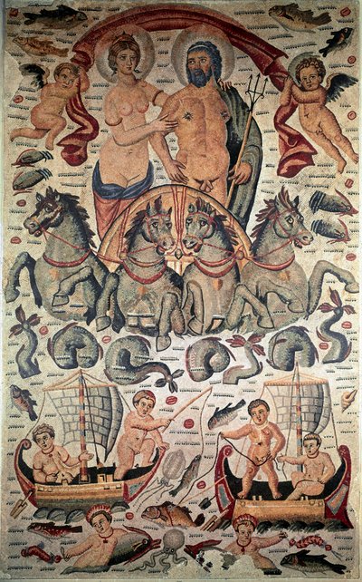 Sztuka bizantyjska: Triumf Neptuna i Amfitryty. Neptun i Amfitryta nago na czołgu ostrzelanym przez cztery konie morskie. Mozaika z III wieku. Wymiary: 3,1x1,96m. Luwr, Paryż autorstwa Byzantine Byzantine