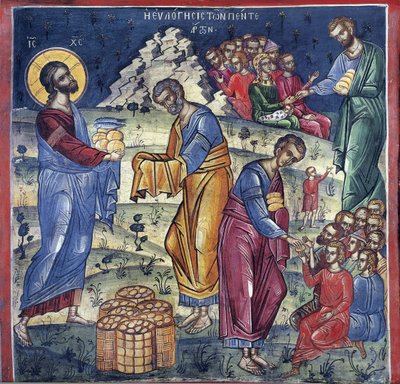 La multiplication des pains - Cud Pięciu Chlebów i Dwóch Ryb - Mistrz Bizantyjski - XVI wiek - Fresk - Klasztor Dionysiou, Góra Athos autorstwa Byzantine Byzantine