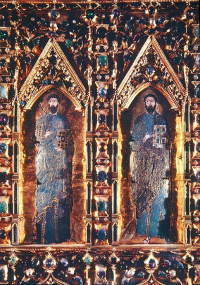 Pala dOro, szczegół przedstawiający dwóch apostołów (złoto i emalia inkrustowane drogocennymi kamieniami) autorstwa Byzantine Byzantine