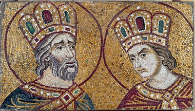 Cesarz rzymski Konstantyn I z matką św. Heleną (detal mozaikowy) autorstwa Byzantine Byzantine