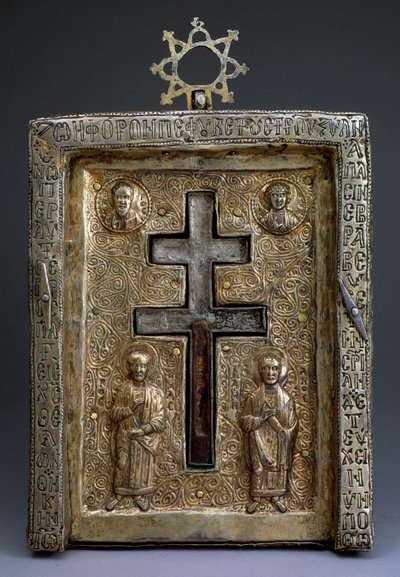 Srebrny pozłacany relikwiarz krzyża stauroteków, bizantyjski, XII w. autorstwa Byzantine Byzantine