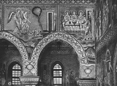 Pojawienie się trzech aniołów Abrahamowi i gościnność Abrahama, ok. 1182 (mozaika) autorstwa Byzantine School