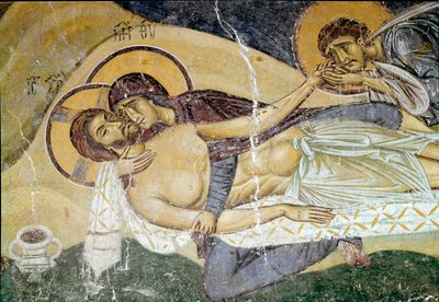 Sztuka bizantyjska: „Lament nad śmiercią Chrystusa”” Fresk malarza z XII wieku. Szczegół. Nerezi, San Pantaleimone, Macedoina autorstwa Byzantine School