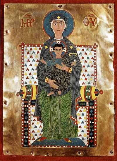 Sztuka bizantyjska: "Dziewica z Dzieciątkiem" (Virgin with child) Emaux du 12th century (Emalia autorstwa Byzantine School