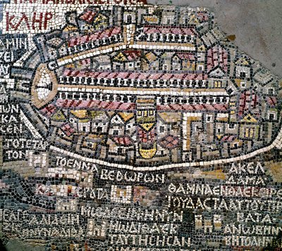 Sztuka bizantyjska: najstarsza mapa Palestyny. Detal przedstawiający Jerozolimę. Mozaika z VI wieku. Madaba, kościół św. Jerzego autorstwa Byzantine School