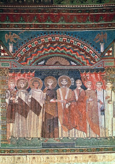 Konstantyn IV (654-85) nadający przywileje biskupowi Reparatusowi dla kościoła w Rawennie, 671-77 (mozaika) autorstwa Byzantine School