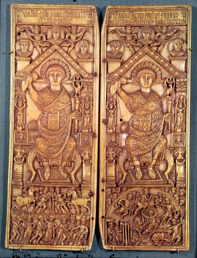 Dyptyk konsularny Anastazego (491-518) wyrzeźbiony w Konstantynopolu, styl teodozjański, 517 ne autorstwa Byzantine School